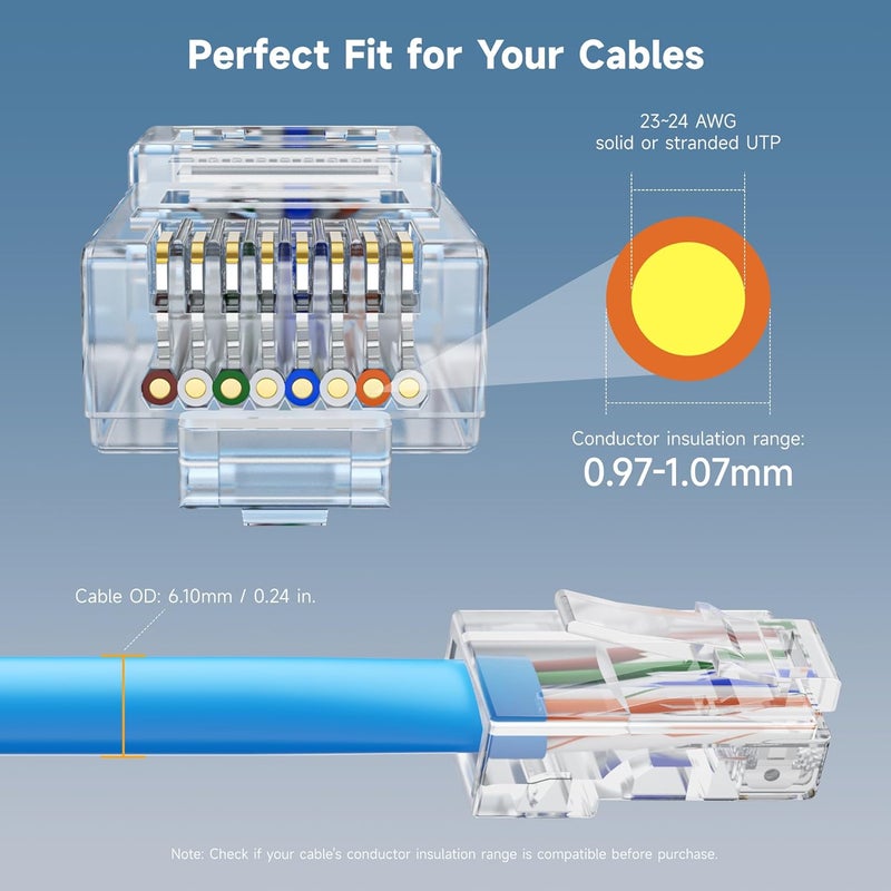 CableMatters 200 حزمة موصلات RJ45 Cat 6 تمرير، مطلية بالذهب 50µ (نهايات Cat 6 / موصل Cat6 / قابس RJ45 / قابس Ethernet / موصل الشبكة) لكابل Ethernet UTP صلب أو مجدول - Image 3